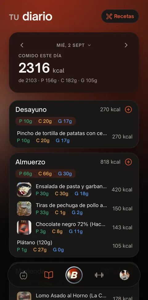 Diario de Bivel: 2.316 kcal comidas en el día, con el desayuno y el almuerzo desglosados en calorías y macros