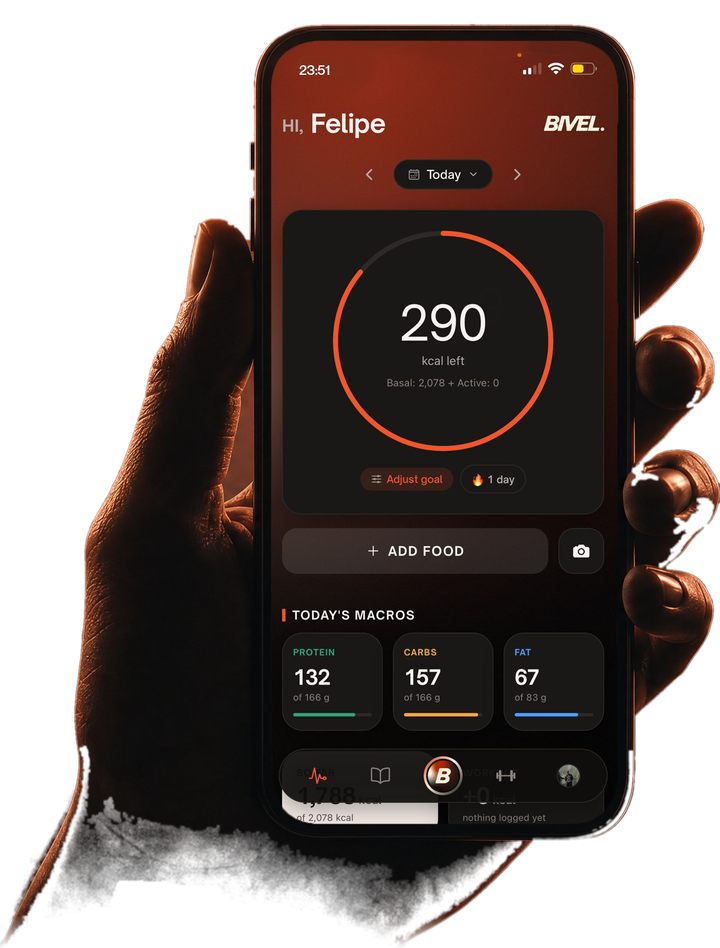 Una mano sostiene un iPhone con la pantalla de inicio de Bivel: 290 kcal restantes y los macros del día.